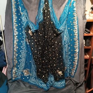 Elegant Teal and Black Scarf with Gold Accents 60 X 47